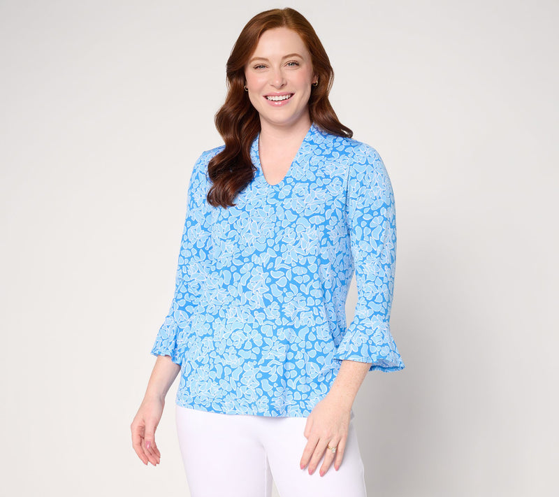 Susan Graver Printed Liquid Knit Voop-Neck Top with Flutter Sleeves — View 11