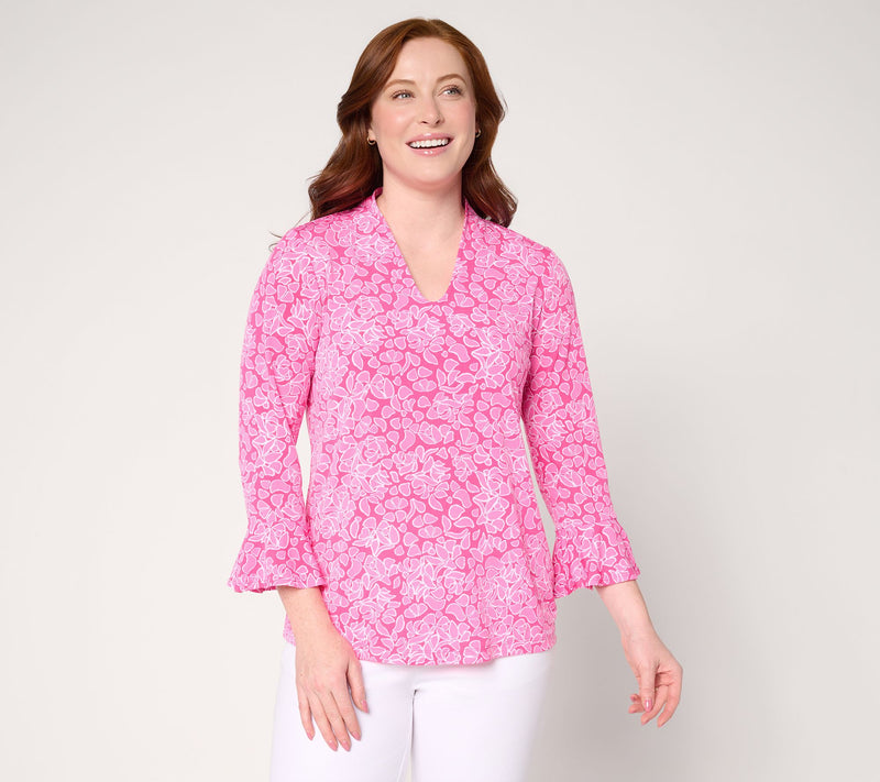 Susan Graver Printed Liquid Knit Voop-Neck Top with Flutter Sleeves — Main view