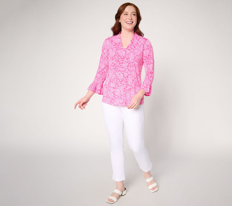 Susan Graver Printed Liquid Knit Voop-Neck Top with Flutter Sleeves — View 5