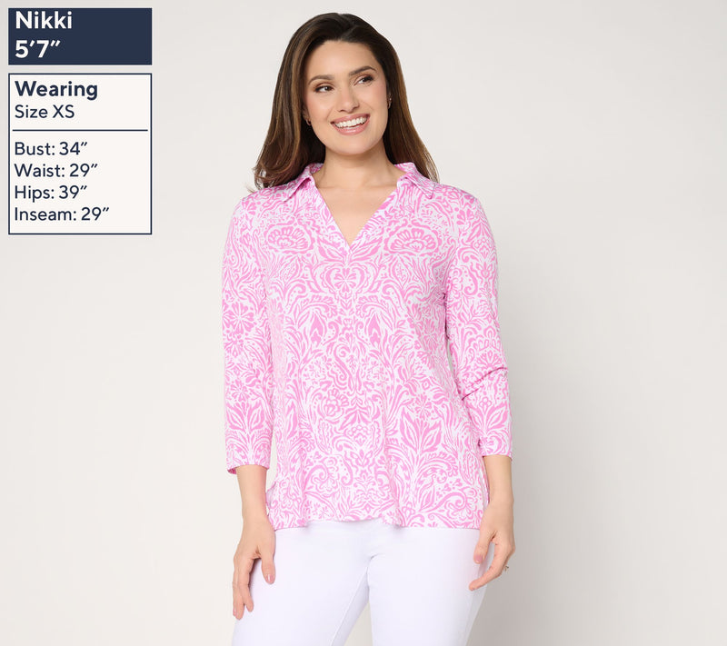 Susan Graver Printed Liquid Knit Collared Split-Neck High-Low Top — View 3