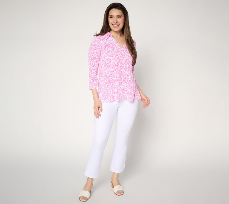 Susan Graver Printed Liquid Knit Collared Split-Neck High-Low Top — View 5