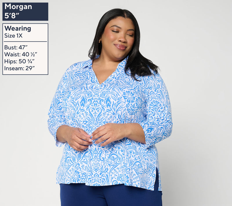 Susan Graver Printed Liquid Knit Collared Split-Neck High-Low Top — View 2
