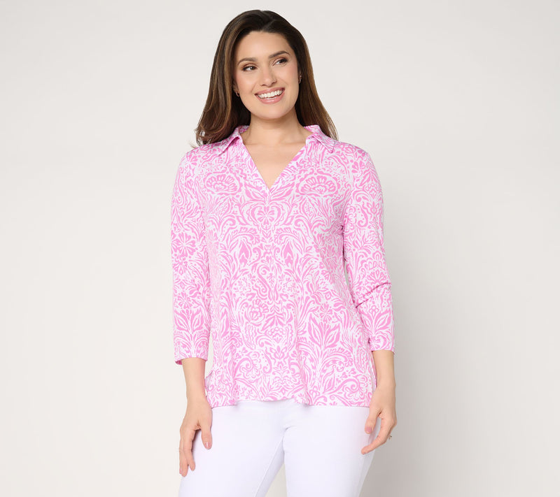 Susan Graver Printed Liquid Knit Collared Split-Neck High-Low Top — Main view