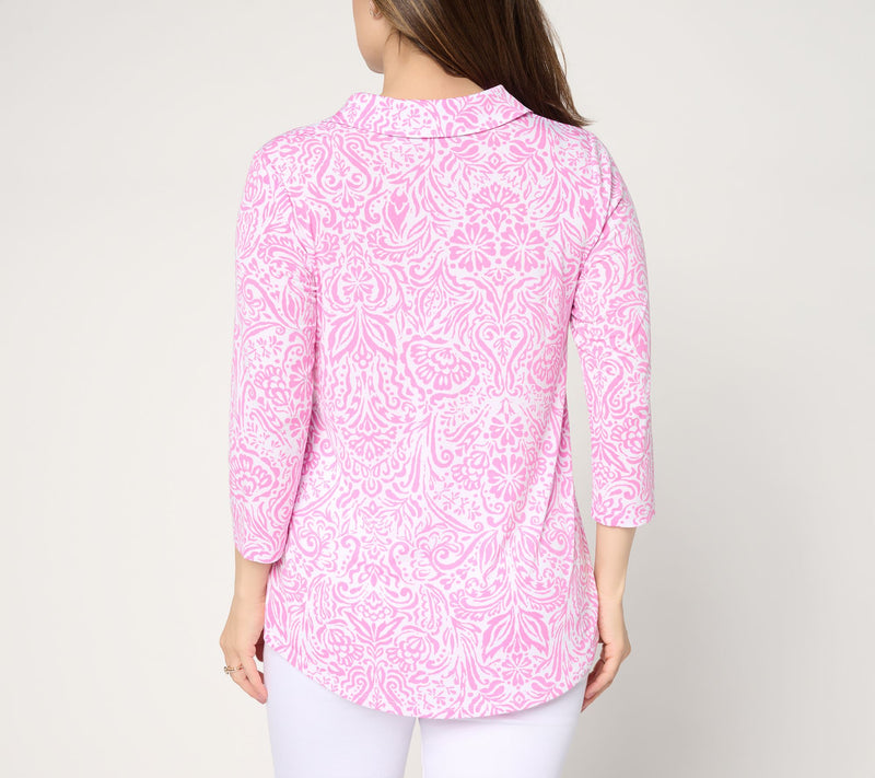Susan Graver Printed Liquid Knit Collared Split-Neck High-Low Top — View 4