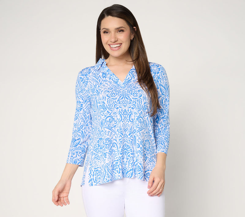 Susan Graver Printed Liquid Knit Collared Split-Neck High-Low Top — View 13