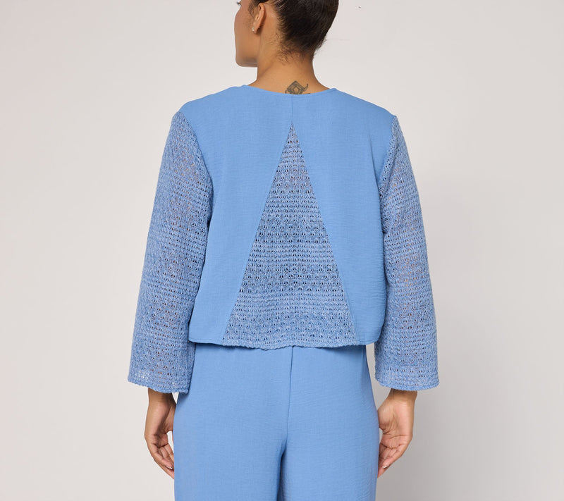 Susan Graver Weekend Woven Cardigan with Crochet Lace — View 4
