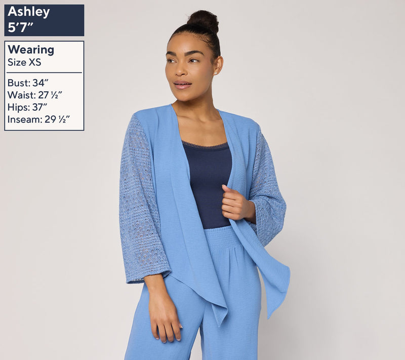 Susan Graver Weekend Woven Cardigan with Crochet Lace — View 3