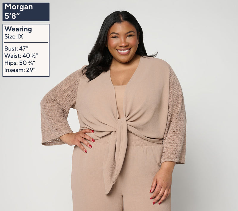 Susan Graver Weekend Woven Cardigan with Crochet Lace — View 2