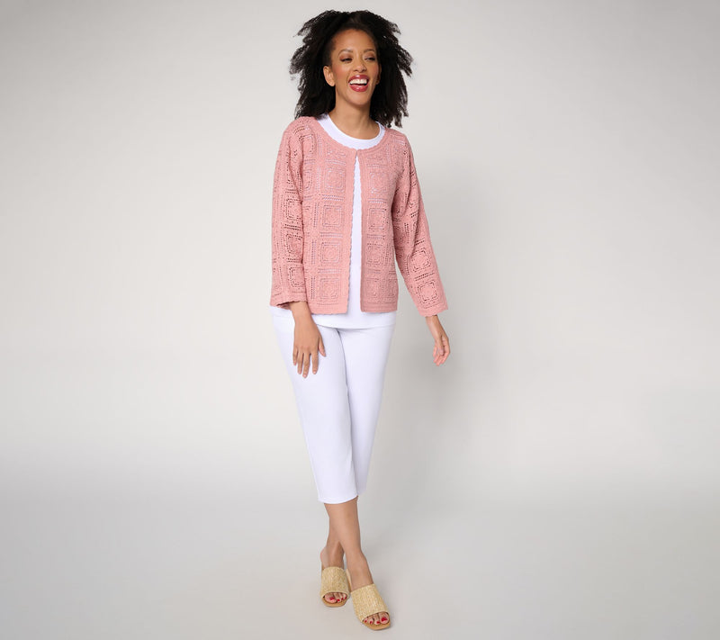 Susan Graver Metallic Crochet Lace Sweater Knit Shrug — View 5
