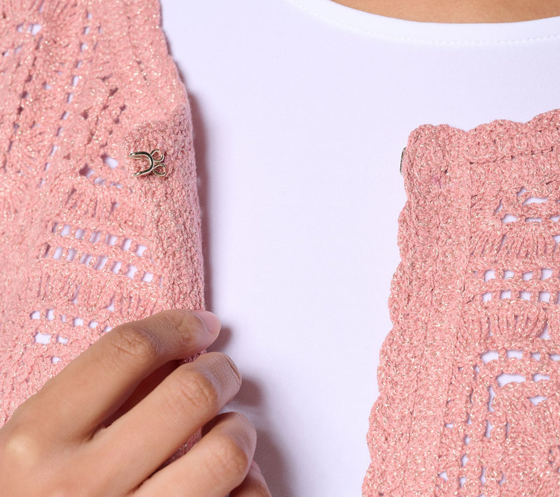 Susan Graver Metallic Crochet Lace Sweater Knit Shrug — View 6