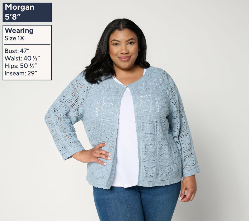 Susan Graver Metallic Crochet Lace Sweater Knit Shrug — View 2