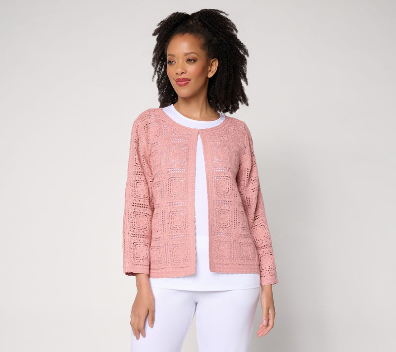 Susan Graver Metallic Crochet Lace Sweater Knit Shrug — Main view