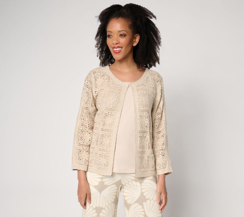 Susan Graver Metallic Crochet Lace Sweater Knit Shrug — View 11