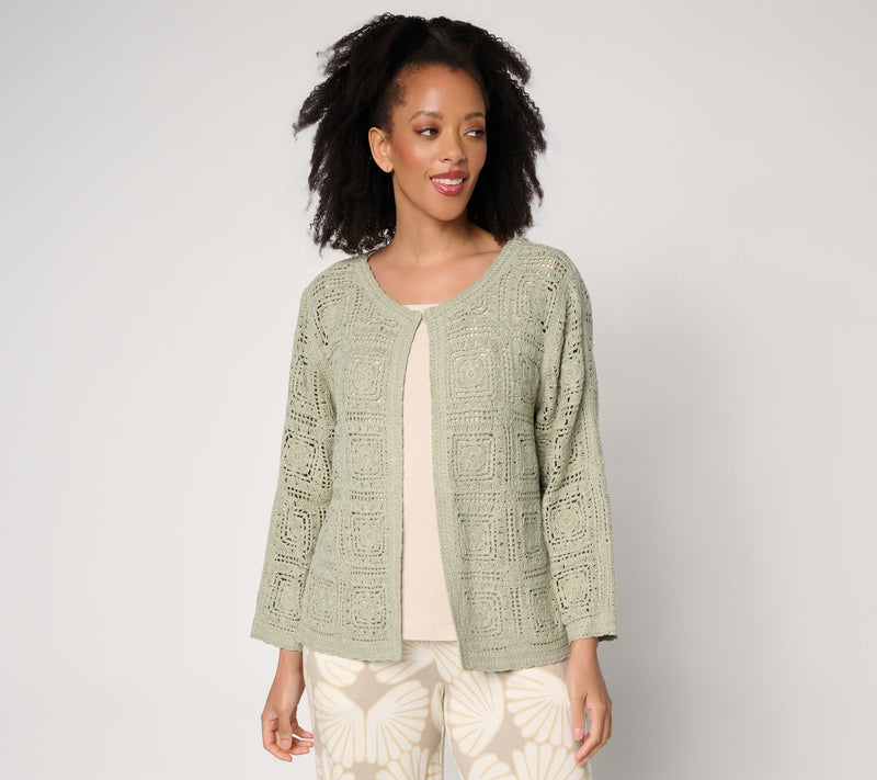 Susan Graver Metallic Crochet Lace Sweater Knit Shrug — View 13
