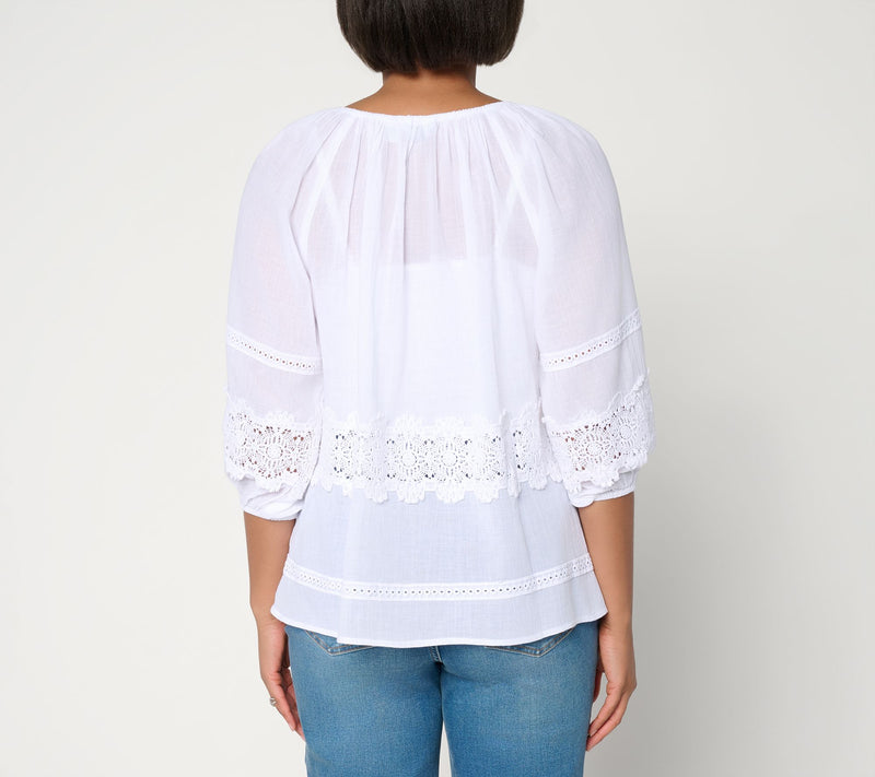 Susan Graver Sheer Cotton Gauze Peasant Top with Lace Trim — View 5