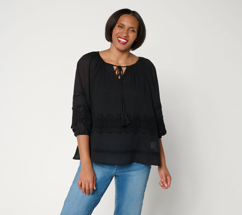Susan Graver Sheer Cotton Gauze Peasant Top with Lace Trim — View 10