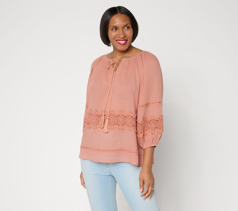 Susan Graver Sheer Cotton Gauze Peasant Top with Lace Trim — View 3