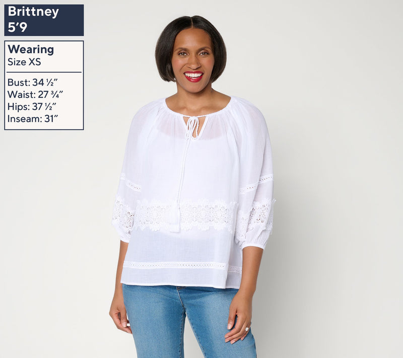 Susan Graver Sheer Cotton Gauze Peasant Top with Lace Trim — View 4