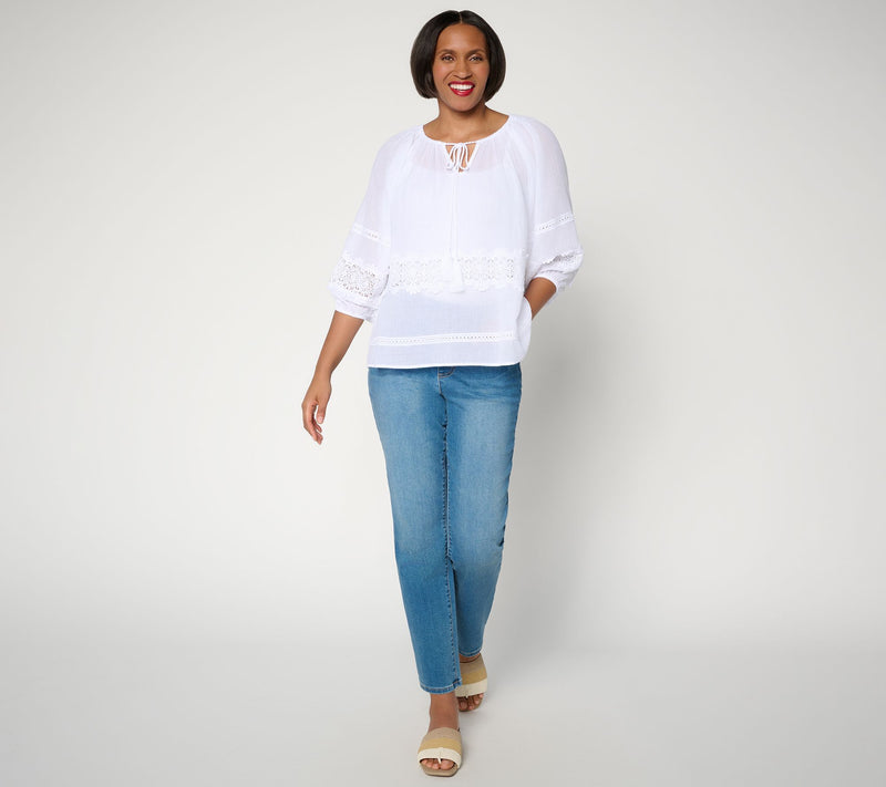 Susan Graver Sheer Cotton Gauze Peasant Top with Lace Trim — View 6