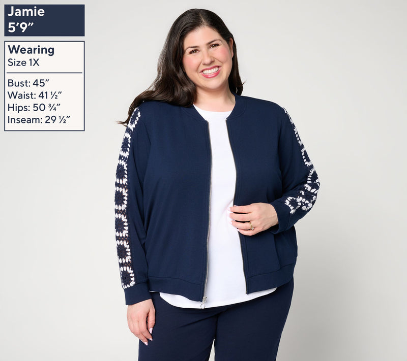 Susan Graver Weekend French Terry Zip-Front Jacket w/ Crochet Detail — View 2