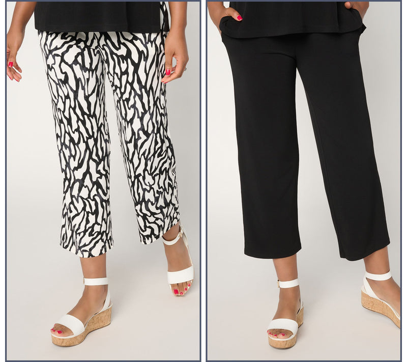 Susan Graver Regular Liquid Knit Set of 2 Print & Solid Crop Pants — View 4