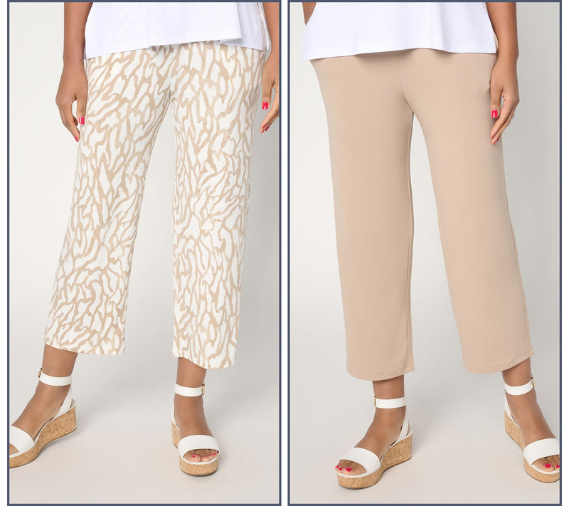 Susan Graver Regular Liquid Knit Set of 2 Print & Solid Crop Pants — View 9