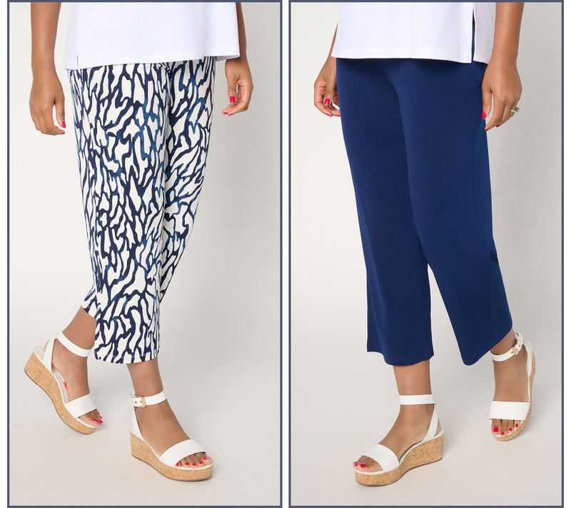 Susan Graver Regular Liquid Knit Set of 2 Print & Solid Crop Pants — View 7