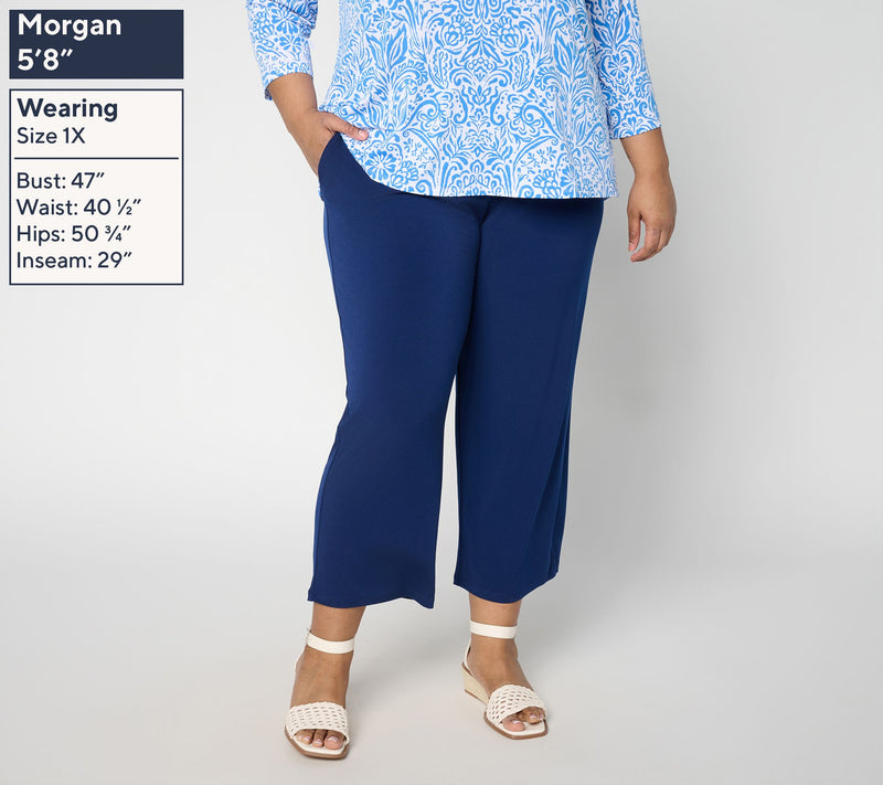 Susan Graver Regular Liquid Knit Set of 2 Print & Solid Crop Pants — View 10