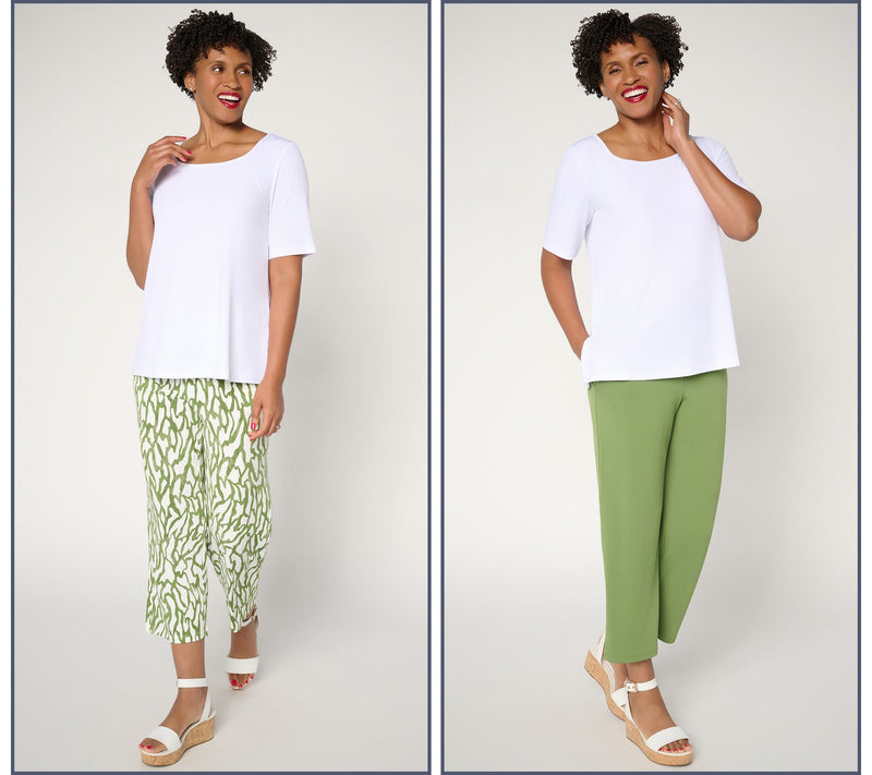 Susan Graver Regular Liquid Knit Set of 2 Print & Solid Crop Pants — View 13