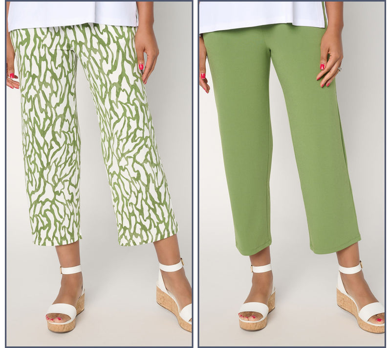 Susan Graver Petite Liquid Knit Set of 2 Print & Solid Crop Pants — View 6