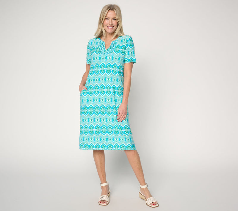 Susan Graver Regular Printed Liquid Knit Split Neck Dress — View 12