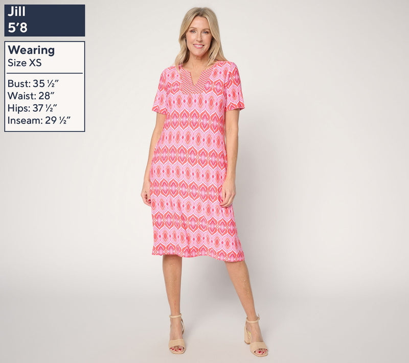 Susan Graver Petite Printed Liquid Knit Split Neck Dress — View 11