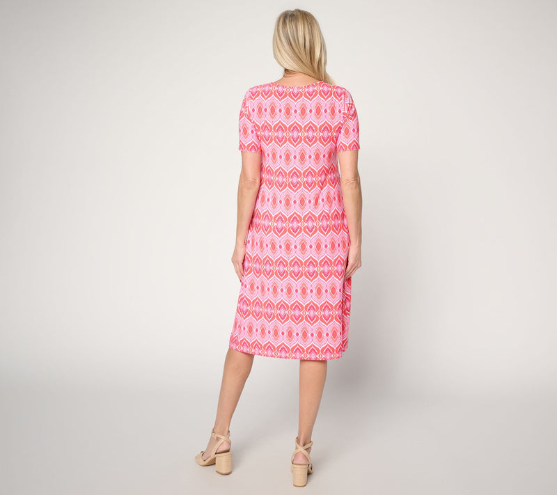 Susan Graver Petite Printed Liquid Knit Split Neck Dress — View 12