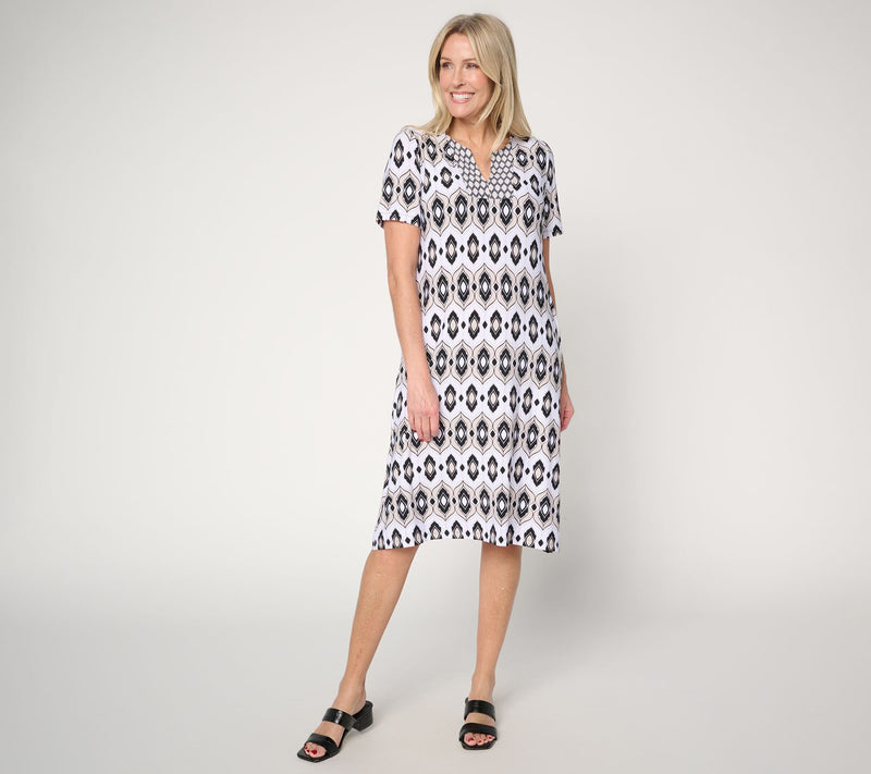 Susan Graver Petite Printed Liquid Knit Split Neck Dress — View 3