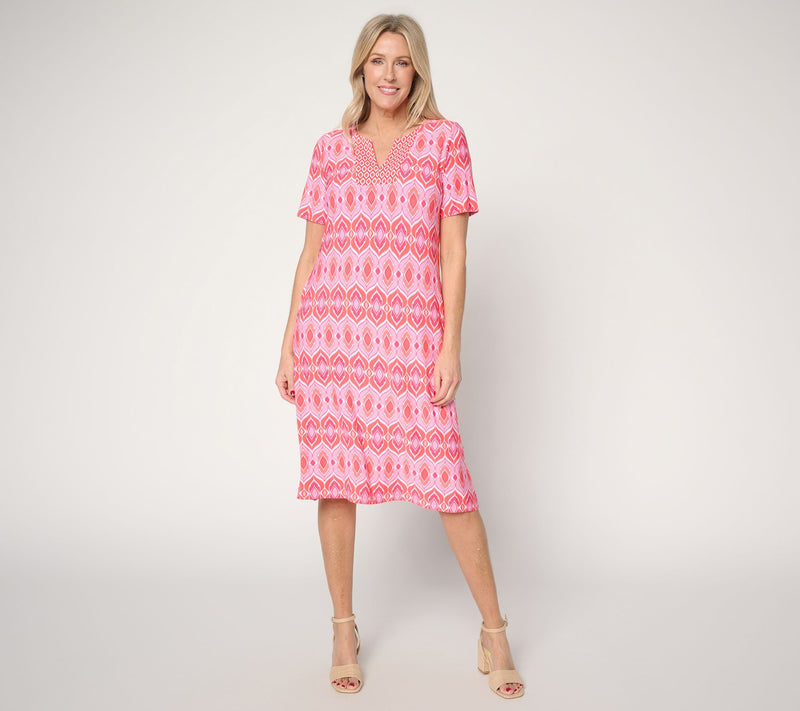 Susan Graver Petite Printed Liquid Knit Split Neck Dress — View 7