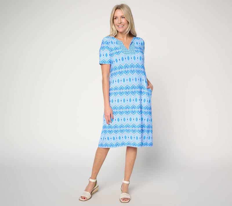Susan Graver Petite Printed Liquid Knit Split Neck Dress — View 5