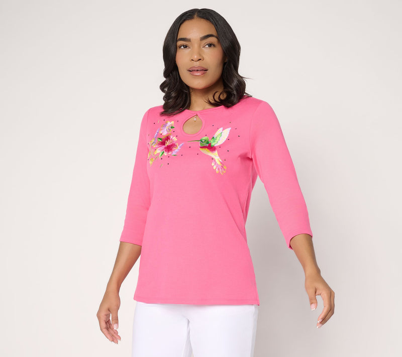 Quacker Factory Dixie Hummingbird Keyhole 3/4 Sleeve Top — Main view