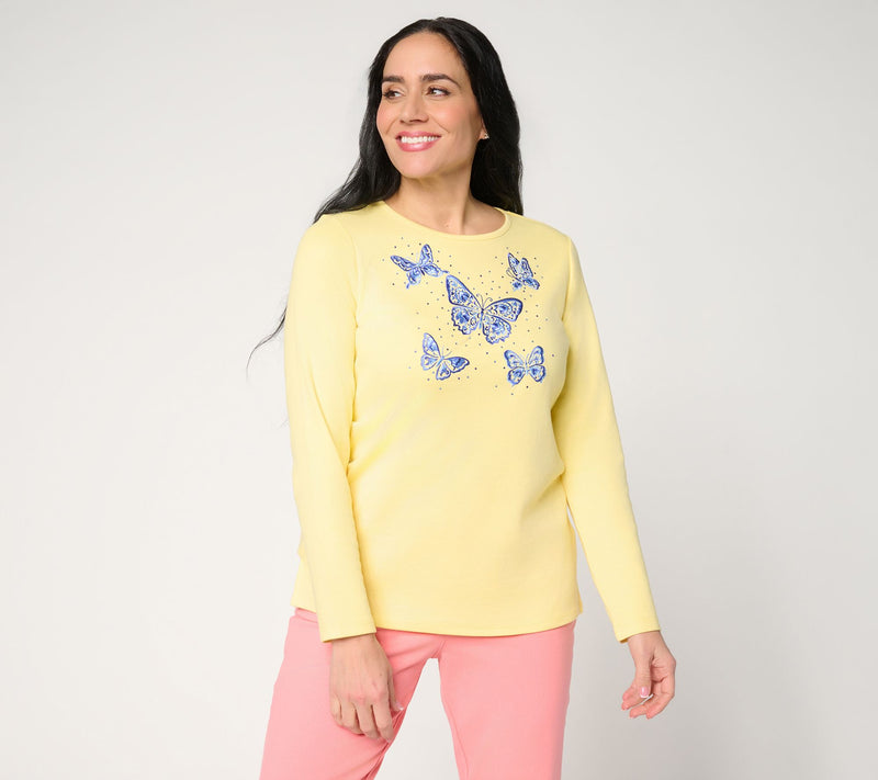 Quacker Factory Chinoiserie Butterflies Long Sleeve Top — Main view