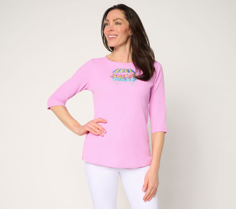 Quacker Factory Secret Garden Waffle Knit 3/4 Sleeve Top — Main view