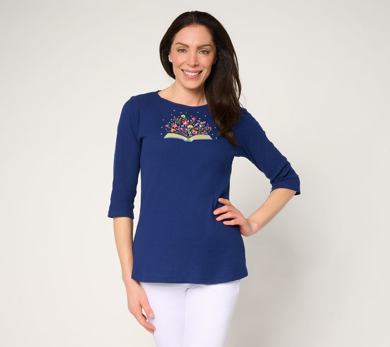 Quacker Factory Secret Garden Waffle Knit 3/4 Sleeve Top — View 12