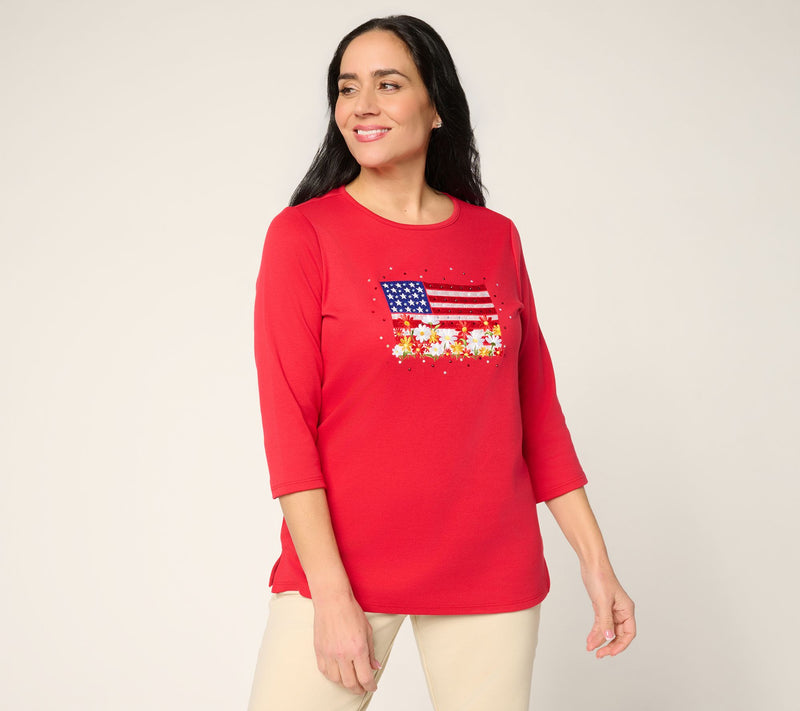 Quacker Factory Red, White and Blooms Embroidered 3/4 Sleeve Top — Main view