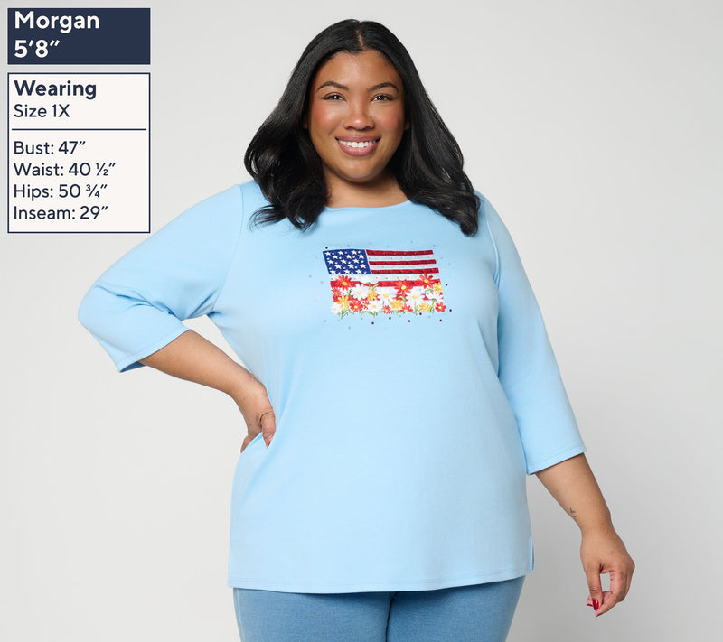 Quacker Factory Red, White and Blooms Embroidered 3/4 Sleeve Top — View 2