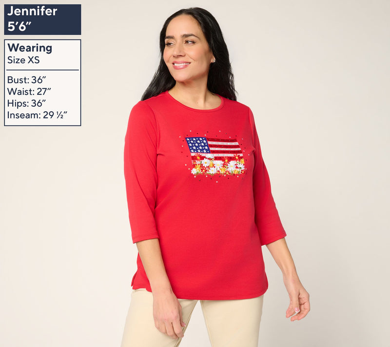 Quacker Factory Red, White and Blooms Embroidered 3/4 Sleeve Top — View 3