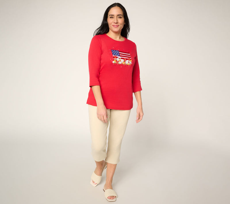 Quacker Factory Red, White and Blooms Embroidered 3/4 Sleeve Top — View 5