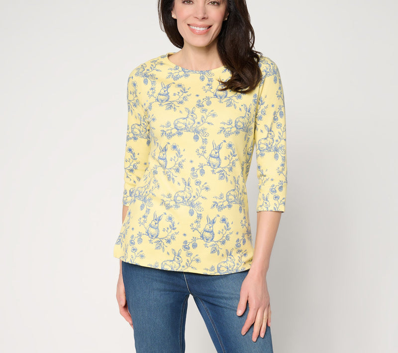 Quacker Factory Bunny Hop Toile Printed Mini Boat Neck Top — Main view
