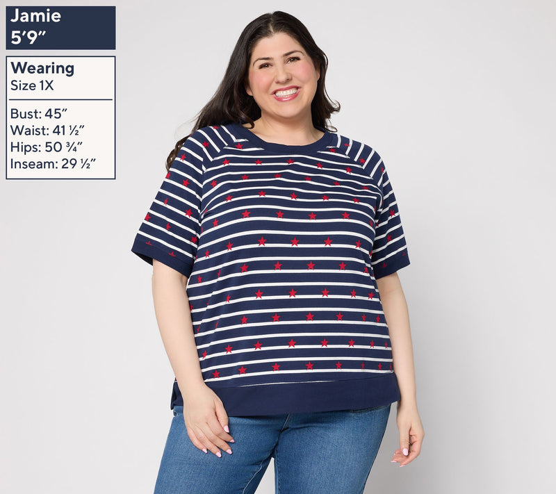 Belle by Kim Gravel French Terry Stars Short Sleeved Striped Top — View 2