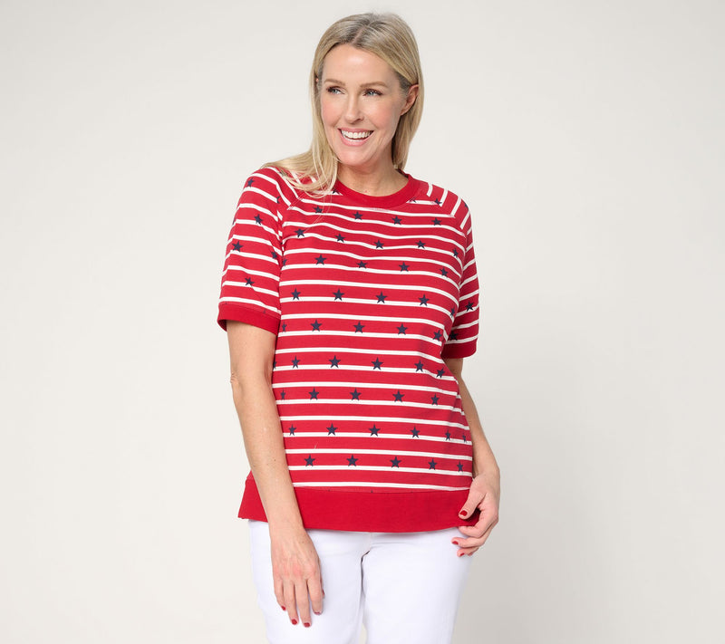 Belle by Kim Gravel French Terry Stars Short Sleeved Striped Top — Main view