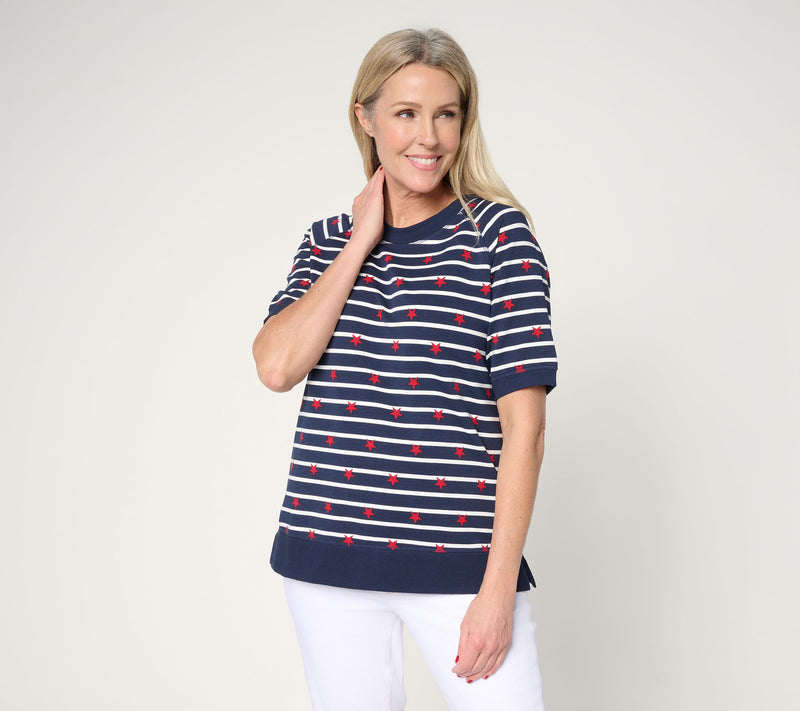 Belle by Kim Gravel French Terry Stars Short Sleeved Striped Top — View 12