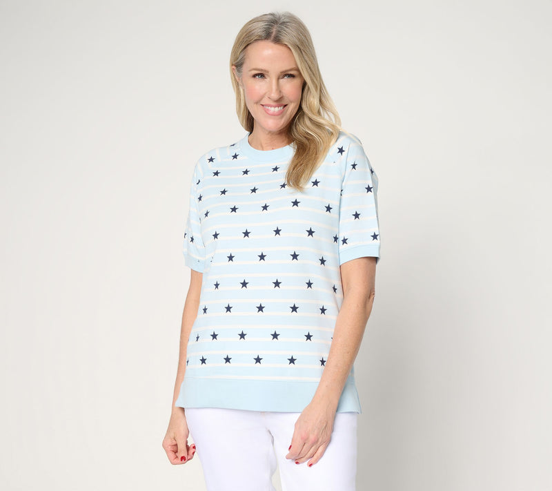 Belle by Kim Gravel French Terry Stars Short Sleeved Striped Top — View 14