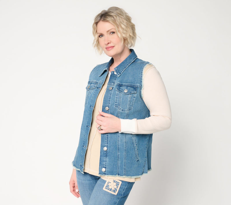 LOGO by Lori Goldstein Denim Vest with Seam and Fray Detail — View 4
